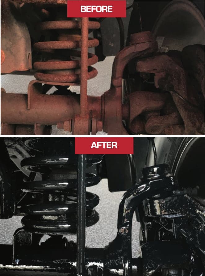 Before and after NHOU Oil Undercoating: a rusted coil spring and suspension, then the same parts sealed in glossy black oil